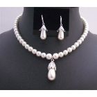 Bridal Handcrafted White Pearls w Bridal Jewelry Set 8mm Pearls w/ Teardrop Earrings & Pendant