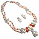 Wedding Jewelry Bridal Cream Pearls Swarovski Burnt Orange Crystals Necklace w/ Silver Flower Spacer & Pendant