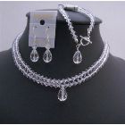 Clear Crystals Double Stranded Bridal Jewelry Set w/ Top Drilled Teardrop Clear Crystals Necklace Set