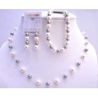 Silver Grey Pearls White Pearl Necklace Earrings Bracelet Necklace Set