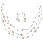 Three Stranded Silk Thread White Freshwater Pearls Clear Crystals Wedding Jewelry