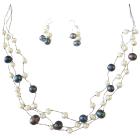Dark Blue White Freshwater Pearls Jewelry Three Stranded Silk Necklace