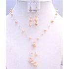 Prom Swarovski Peach Pearls Crystals Tassel Drop Down Jewelry Set