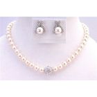 Customize Your Ivory Pearls Bridal Jewelry Set 8mm Pearls w/ Cubic Zircon Ball Pendant w/ Stud Earrings