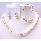 Handmade Ivory Pearls 8mm Exclusively Gorgeous For Bridal Jewelry Complete Set with Bracelet Sparkling Diamond Ball Enhance The Beauty Of Jewelry