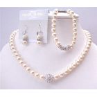 Diamond Jewelry EXclusively Fine High Quality Diamond Ball Embedd with Tiny Crust Simulated Diamond Ivory Pearls Necklace Earrings Bracelet Bridal Jewelry Set