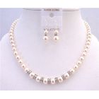 Diamond Sparkling Rondells Ivory 8mm Pearls Necklace Set Wedding Set Custom Handcrafted Jewelry Set