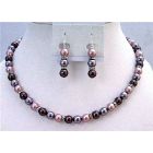 Lavender Burgundy Powder Rose TriColor Swarovski Pearls Necklace Set with Diamond Spacer Rondells Handcrafted Jewelry Set