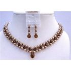 Interwoven 3 Stranded Necklace Set Bronze Pearls Smoked Topaz Crystals