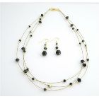 Swarovski Jet Crystal Dress Jewelry Golden Three Stranded Necklace Set