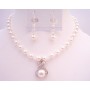 Pure Whie Pearls Jewelry w/ Clear Crystals Drop Down Pendant Set