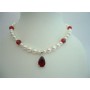 Bridal Necklace Genuine Swarovski Cream Pearl & Siam Red Crystals w/ Pendant Handcrafted