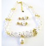 Bridal Jewelry Double Stranded Genuine Swarovski White Pearl & Swarovski Crystal Necklace w/ Gold Rondells