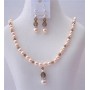 Peach Pearls Smoked Topaz Crystals Handcrafted Necklace Set