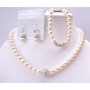 Diamond Ball Embedd Tiny Crust Ivory Pearls Necklace Earrings Bracelet
