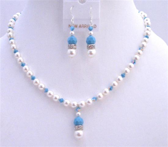 Blue Pool Jewelry Set White Swarovski Pearls w Swarovski Turquoise Crystals