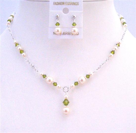Olivine Swarovski Crystals With Ivory Pearls Custom Bridal Jewelry Set w/ Drop Down Necklace Set
