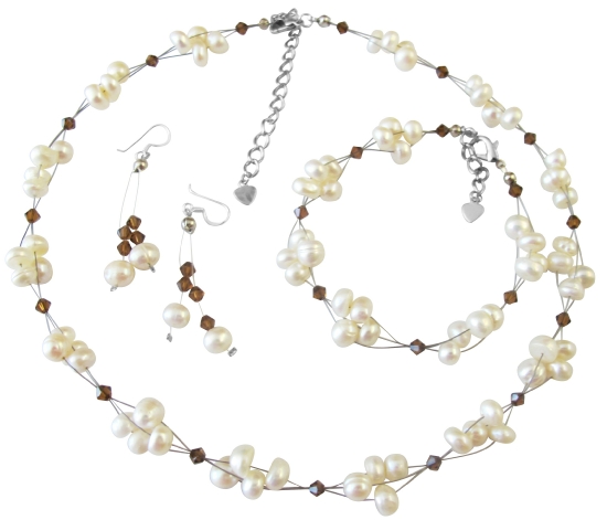 Unique Bridal Jewelry Freshwater Pearls Smoked Topaz Crystals Genuine Smoked