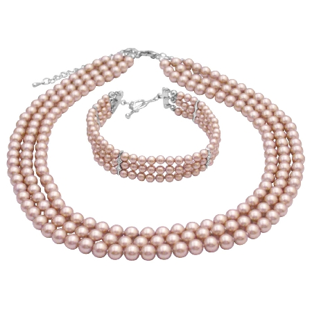 Handmade Swarovski Pearls Champagne Three Stranded Bracelet & Necklace